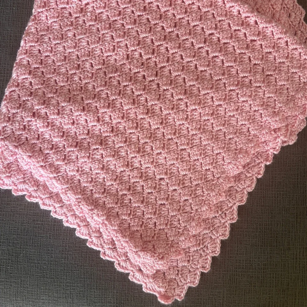 Handmade Pink Crochet Baby Blanket Shell Stitch Scalloped Edge Nursery Wrap